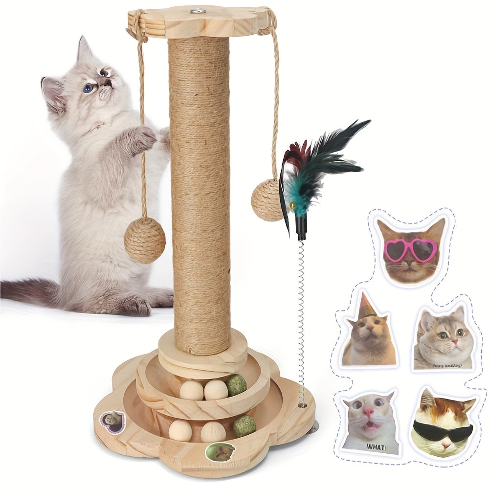 This Is a Multifunctional Wooden Scratching Post for Indoor for cats, Featuring a Tall Design, a Two-Level Track Ball, an Interactive Feather Toy, And Hanging Balls. It'S Durable And Mess-Free, Making It Ideal for Both Kitten
