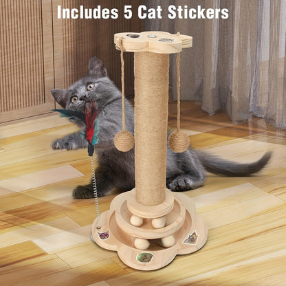 This Is a Multifunctional Wooden Scratching Post for Indoor for cats, Featuring a Tall Design, a Two-Level Track Ball, an Interactive Feather Toy, And Hanging Balls. It'S Durable And Mess-Free, Making It Ideal for Both Kitten