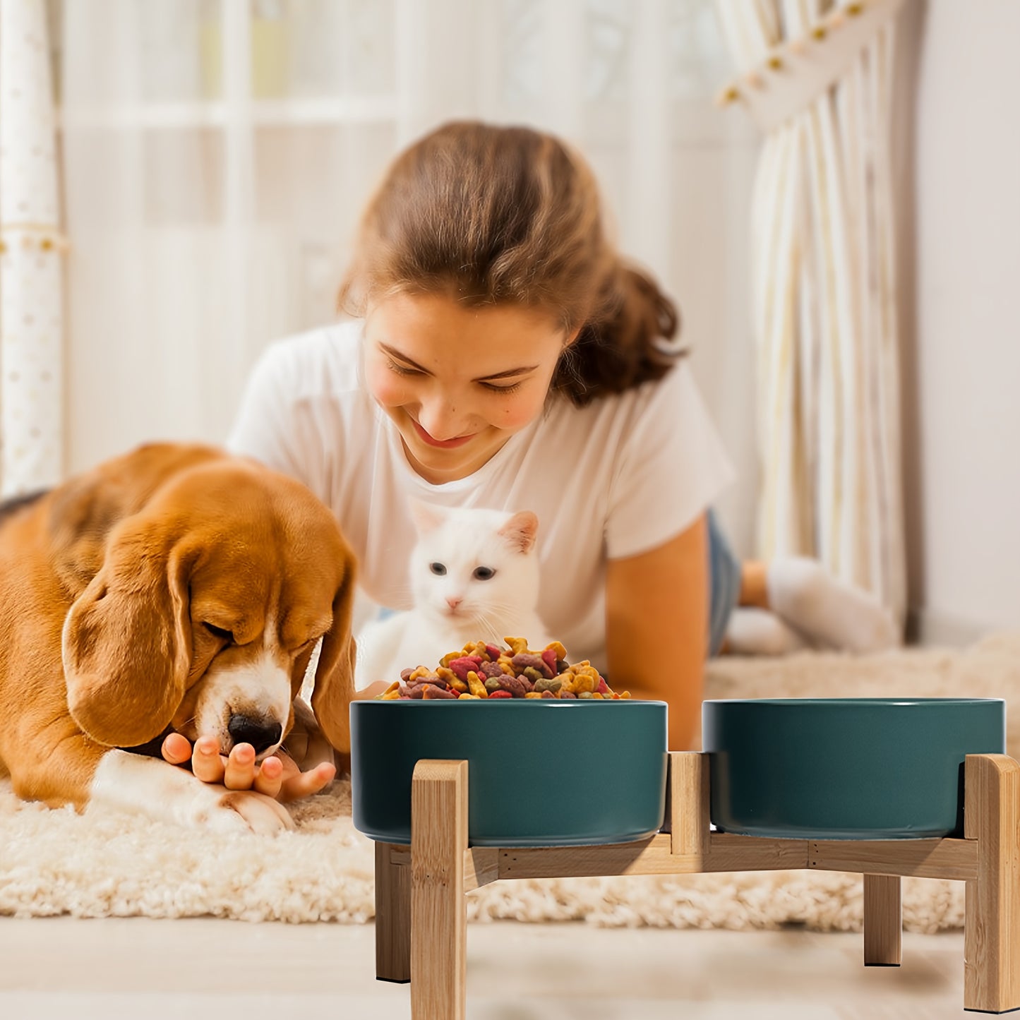Elevated Ceramic Dog Bowl Set - Double Dog Feeding Bowls - Raised Feeding Bowls with Non-Slip Bamboo Stand - 28.74oz Suitable for Small And Medium Dogs - 16.23oz Ideal for Cats And Puppies, Food Bowls for Dogs, Slow Feeder Do