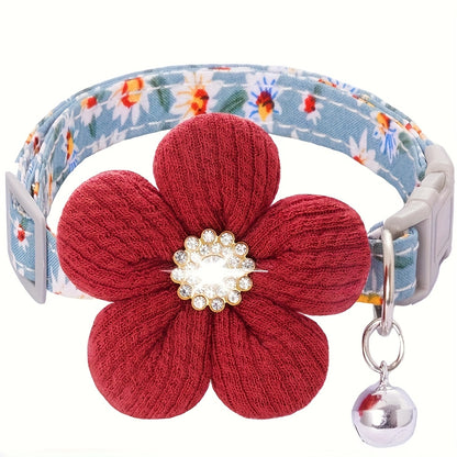 Floral Dog Collar with 3D Flower Charm and Detachable Bells - Suitable for Small Dogs and Cats, Soft Adjustable Polyester Pet Collar with Pink-White Floral Pattern, Cute Pet Accessory