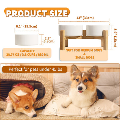 Elevated Ceramic Dog Bowl Set - Double Dog Feeding Bowls - Raised Feeding Bowls with Non-Slip Bamboo Stand - 28.74oz Suitable for Small And Medium Dogs - 16.23oz Ideal for Cats And Puppies, Food Bowls for Dogs, Slow Feeder Do