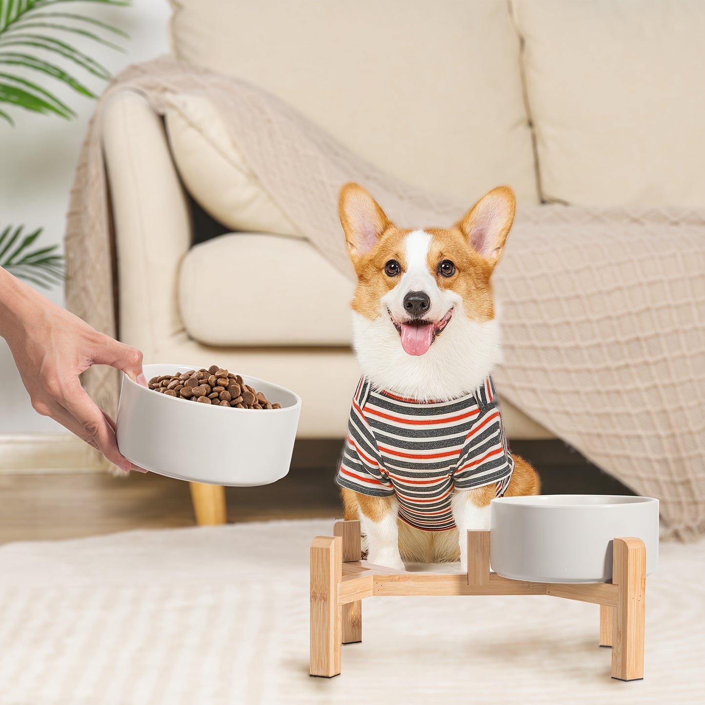 Elevated Ceramic Dog Bowl Set - Double Dog Feeding Bowls - Raised Feeding Bowls with Non-Slip Bamboo Stand - 28.74oz Suitable for Small And Medium Dogs - 16.23oz Ideal for Cats And Puppies, Food Bowls for Dogs, Slow Feeder Do