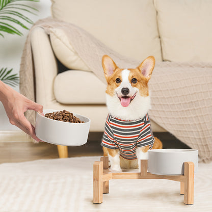 Elevated Ceramic Dog Bowl Set - Double Dog Feeding Bowls - Raised Feeding Bowls with Non-Slip Bamboo Stand - 28.74oz Suitable for Small And Medium Dogs - 16.23oz Ideal for Cats And Puppies, Food Bowls for Dogs, Slow Feeder Do