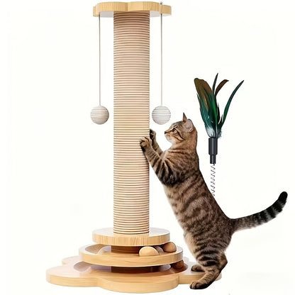 This Is a Multifunctional Wooden Scratching Post for Indoor for cats, Featuring a Tall Design, a Two-Level Track Ball, an Interactive Feather Toy, And Hanging Balls. It'S Durable And Mess-Free, Making It Ideal for Both Kitten