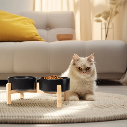 Elevated Ceramic Dog Bowl Set - Double Dog Feeding Bowls - Raised Feeding Bowls with Non-Slip Bamboo Stand - 28.74oz Suitable for Small And Medium Dogs - 16.23oz Ideal for Cats And Puppies, Food Bowls for Dogs, Slow Feeder Do
