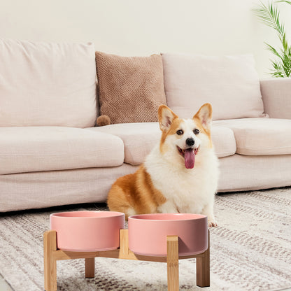 Elevated Ceramic Dog Bowl Set - Double Dog Feeding Bowls - Raised Feeding Bowls with Non-Slip Bamboo Stand - 28.74oz Suitable for Small And Medium Dogs - 16.23oz Ideal for Cats And Puppies, Food Bowls for Dogs, Slow Feeder Do