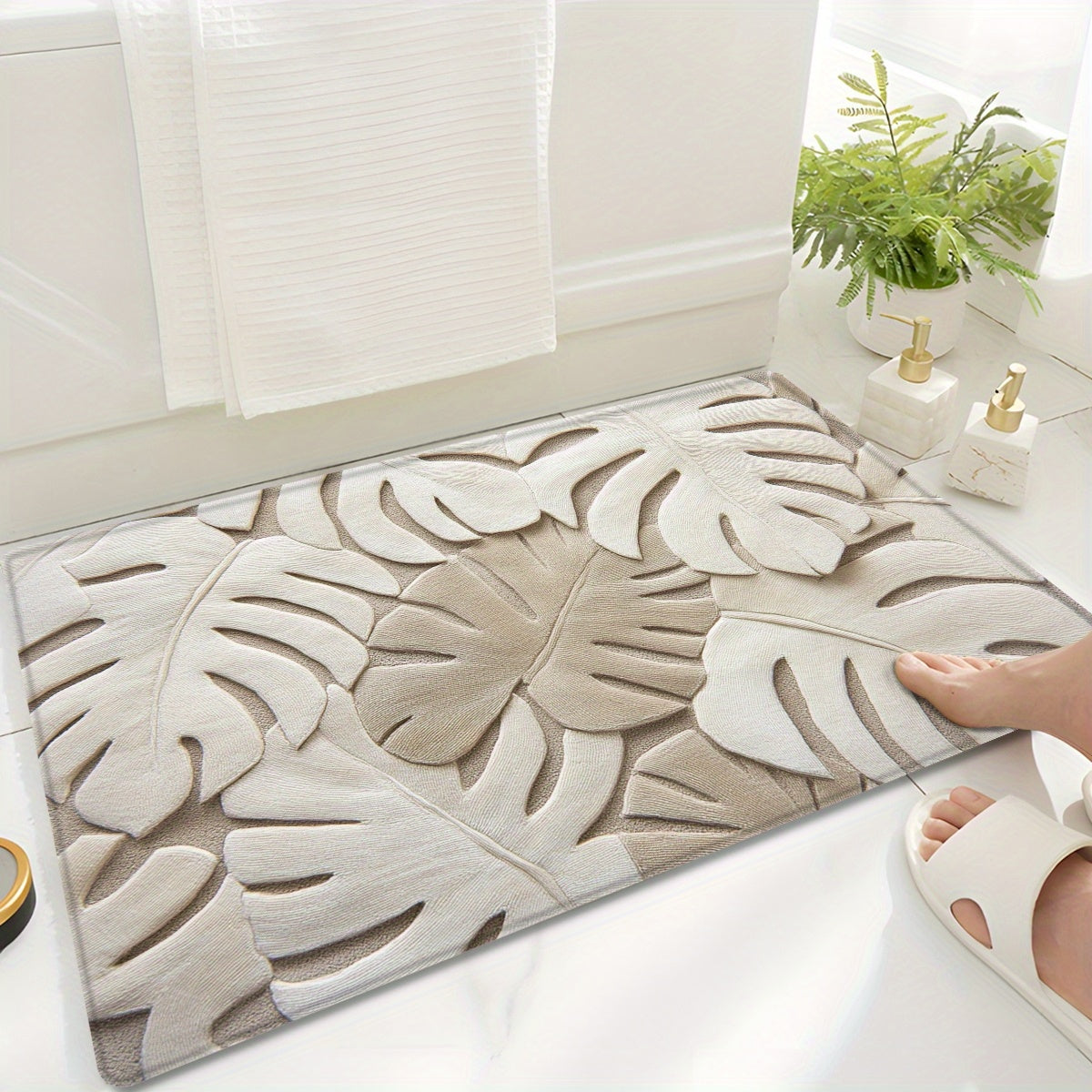 1pc Tropical Style Carved Leaf Pattern Doormat, Bath Mat, Non-Slip Bath Rug, Modern Home Decor Carpet, Bathtub Edge Mat