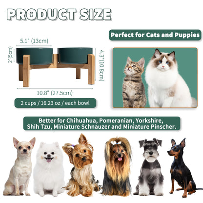Elevated Ceramic Dog Bowl Set - Double Dog Feeding Bowls - Raised Feeding Bowls with Non-Slip Bamboo Stand - 28.74oz Suitable for Small And Medium Dogs - 16.23oz Ideal for Cats And Puppies, Food Bowls for Dogs, Slow Feeder Do