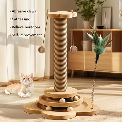 This Is a Multifunctional Wooden Scratching Post for Indoor for cats, Featuring a Tall Design, a Two-Level Track Ball, an Interactive Feather Toy, And Hanging Balls. It'S Durable And Mess-Free, Making It Ideal for Both Kitten