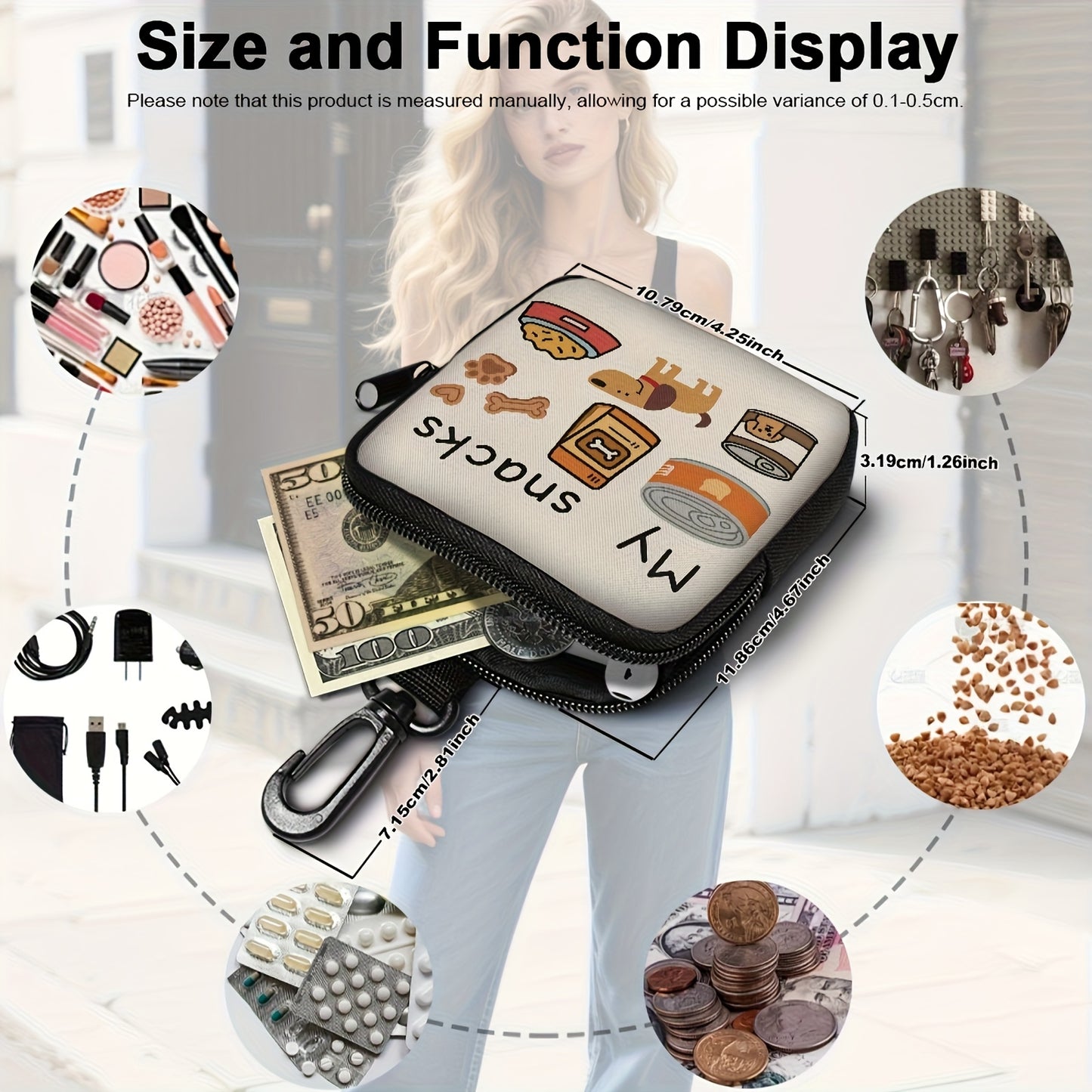 1pc Dog Print Snack Bag with Hook & Zipper - Pet Training Set for Puppy Training, Dog Food Storage, and Outdoor Walks, Durable Polyester, Cute Dog Design, Perfect for Dog Owners, Dog Treat Pouch, Dog Walking Essentials | Play