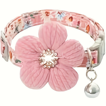 Floral Dog Collar with 3D Flower Charm and Detachable Bells - Suitable for Small Dogs and Cats, Soft Adjustable Polyester Pet Collar with Pink-White Floral Pattern, Cute Pet Accessory