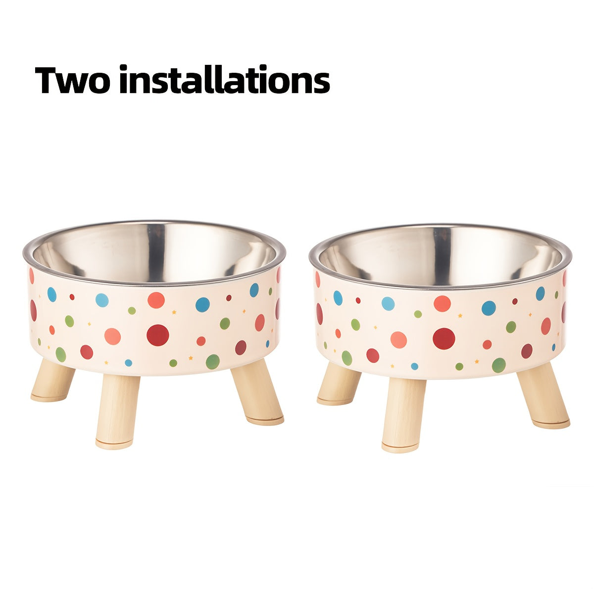 A Set of Two Vibrant Polka Dot Pet Dishes, Fashionable And Chic, Featuring Elevated Neck Support for Cats, Suitable for Feeding, And Collapsible Bowls for Dogs