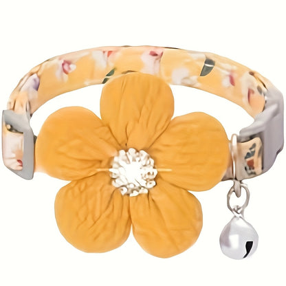 Floral Dog Collar with 3D Flower Charm and Detachable Bells - Suitable for Small Dogs and Cats, Soft Adjustable Polyester Pet Collar with Pink-White Floral Pattern, Cute Pet Accessory