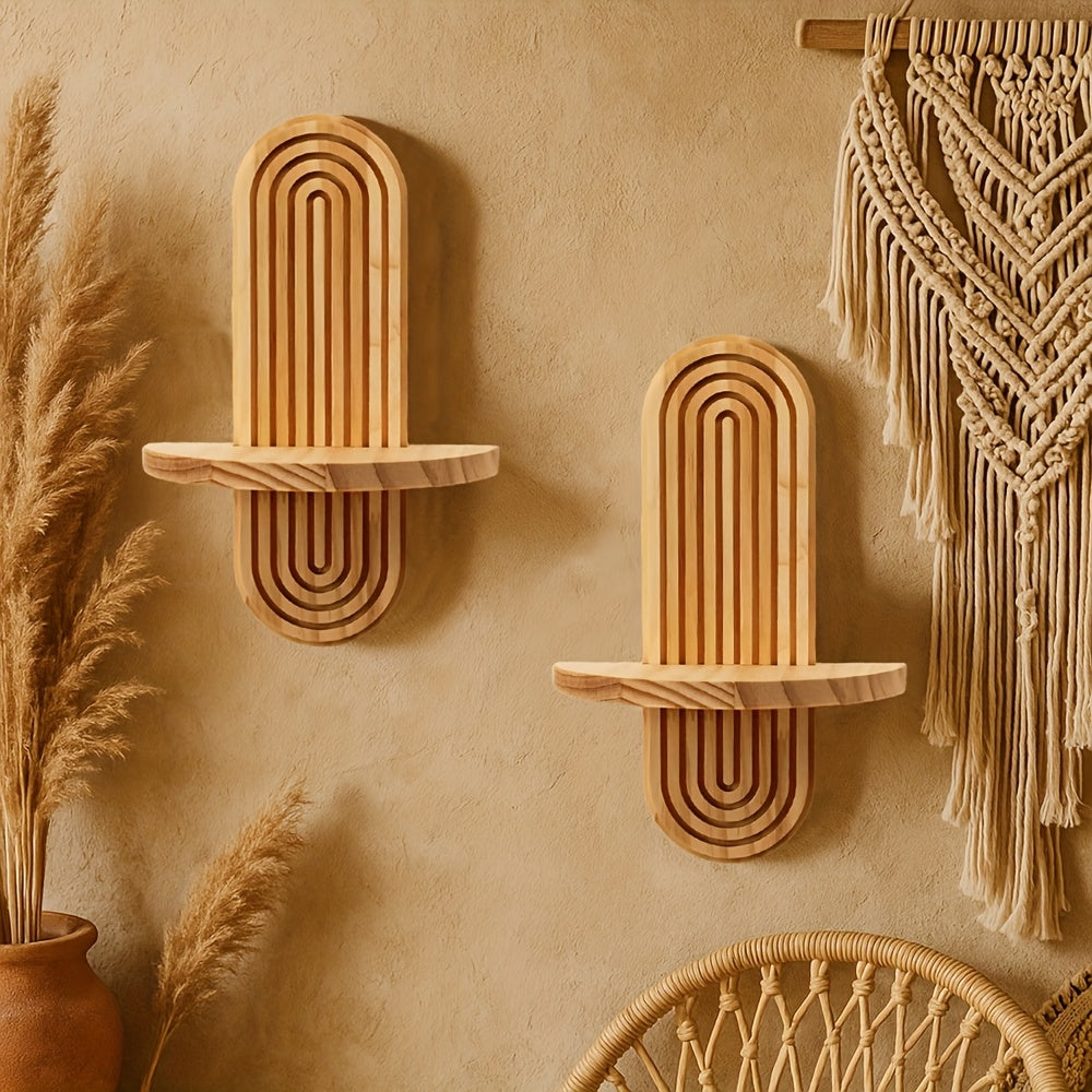 Minimalist Scandinavian Style - Bohemian Wooden Wall Shelves 2pcs - Floating Shelves with Natural Wood Finish - Space-Saving Storage Rack for Bathroom, Living Room