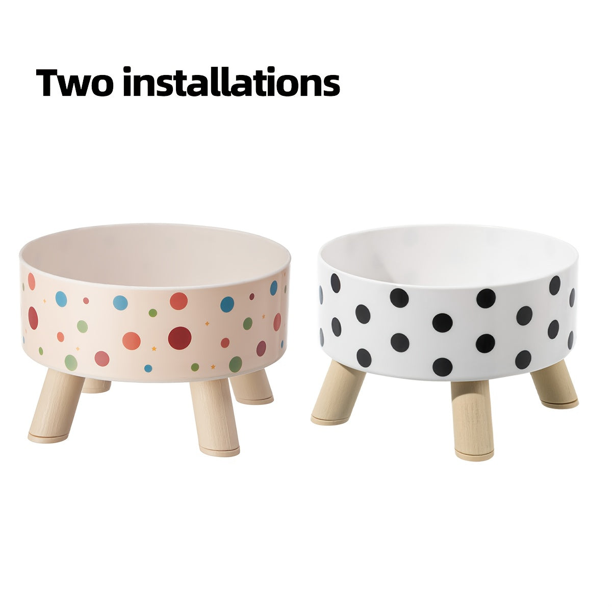 A Set of Two Vibrant Polka Dot Pet Dishes, Fashionable And Chic, Featuring Elevated Neck Support for Cats, Suitable for Feeding, And Collapsible Bowls for Dogs