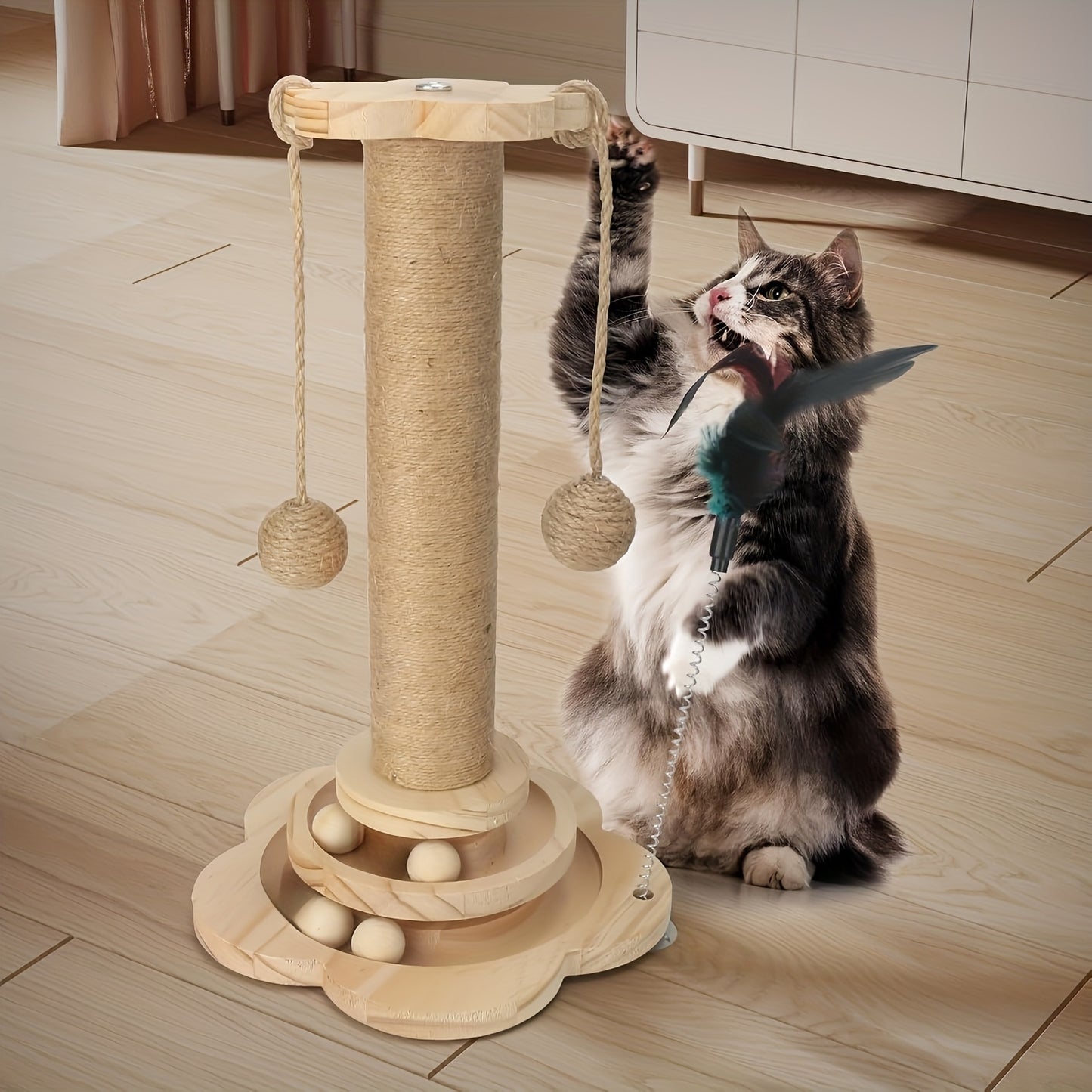 This Is a Multifunctional Wooden Scratching Post for Indoor for cats, Featuring a Tall Design, a Two-Level Track Ball, an Interactive Feather Toy, And Hanging Balls. It'S Durable And Mess-Free, Making It Ideal for Both Kitten