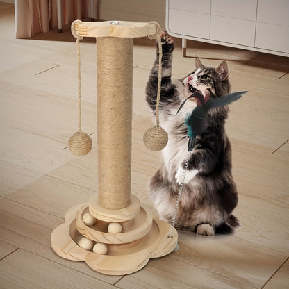 This Is a Multifunctional Wooden Scratching Post for Indoor for cats, Featuring a Tall Design, a Two-Level Track Ball, an Interactive Feather Toy, And Hanging Balls. It'S Durable And Mess-Free, Making It Ideal for Both Kitten