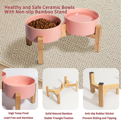 Elevated Ceramic Dog Bowl Set - Double Dog Feeding Bowls - Raised Feeding Bowls with Non-Slip Bamboo Stand - 28.74oz Suitable for Small And Medium Dogs - 16.23oz Ideal for Cats And Puppies, Food Bowls for Dogs, Slow Feeder Do