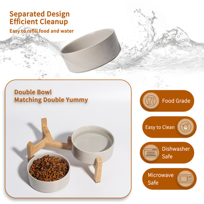 Elevated Ceramic Dog Bowl Set - Double Dog Feeding Bowls - Raised Feeding Bowls with Non-Slip Bamboo Stand - 28.74oz Suitable for Small And Medium Dogs - 16.23oz Ideal for Cats And Puppies, Food Bowls for Dogs, Slow Feeder Do