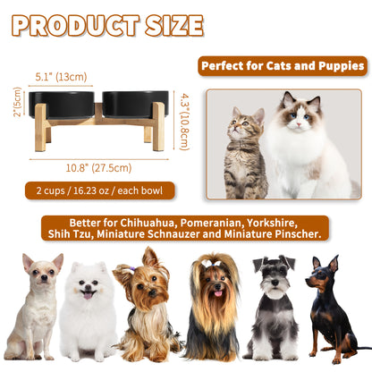 Elevated Ceramic Dog Bowl Set - Double Dog Feeding Bowls - Raised Feeding Bowls with Non-Slip Bamboo Stand - 28.74oz Suitable for Small And Medium Dogs - 16.23oz Ideal for Cats And Puppies, Food Bowls for Dogs, Slow Feeder Do