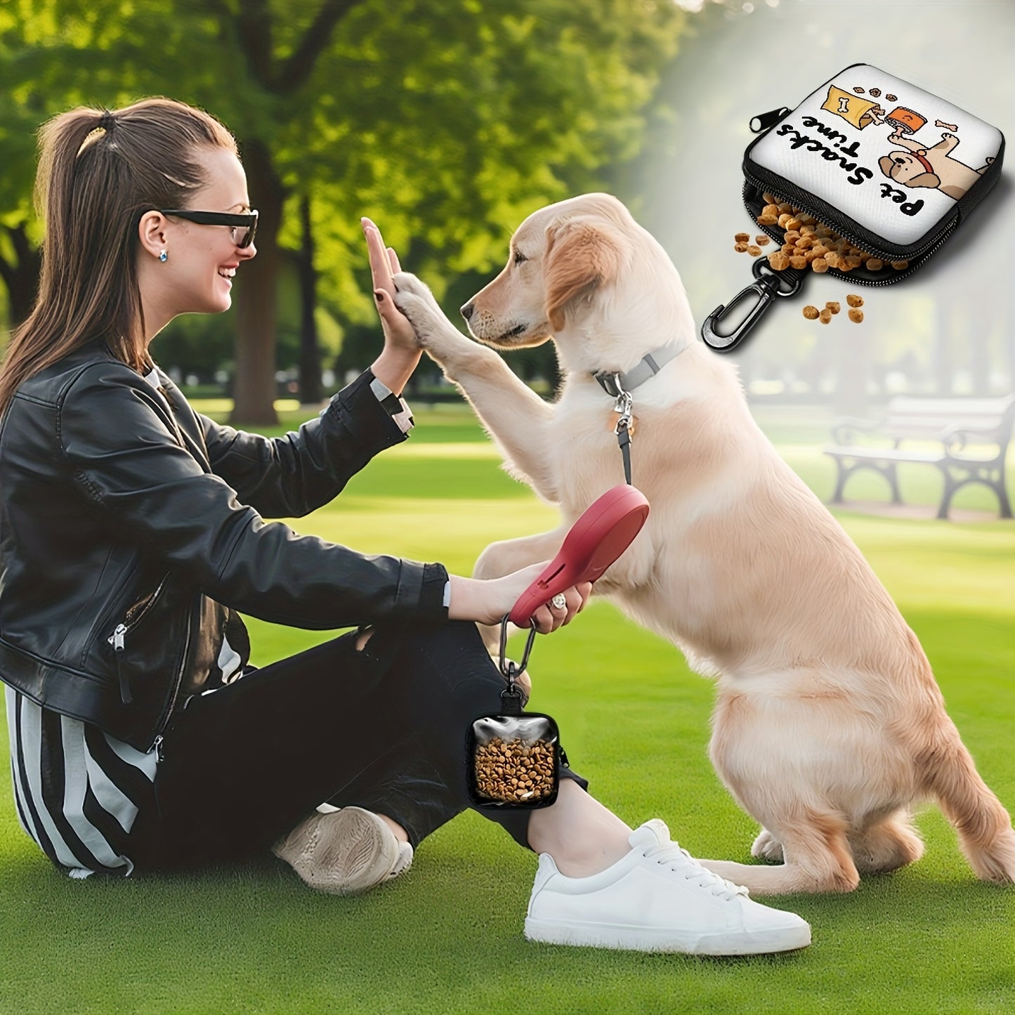 1pc Dog Print Snack Bag with Hook & Zipper - Pet Training Set for Puppy Training, Dog Food Storage, and Outdoor Walks, Durable Polyester, Cute Dog Design, Perfect for Dog Owners, Dog Treat Pouch, Dog Walking Essentials | Play