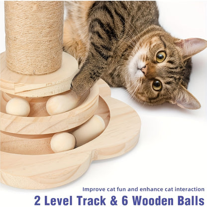 This Is a Multifunctional Wooden Scratching Post for Indoor for cats, Featuring a Tall Design, a Two-Level Track Ball, an Interactive Feather Toy, And Hanging Balls. It'S Durable And Mess-Free, Making It Ideal for Both Kitten