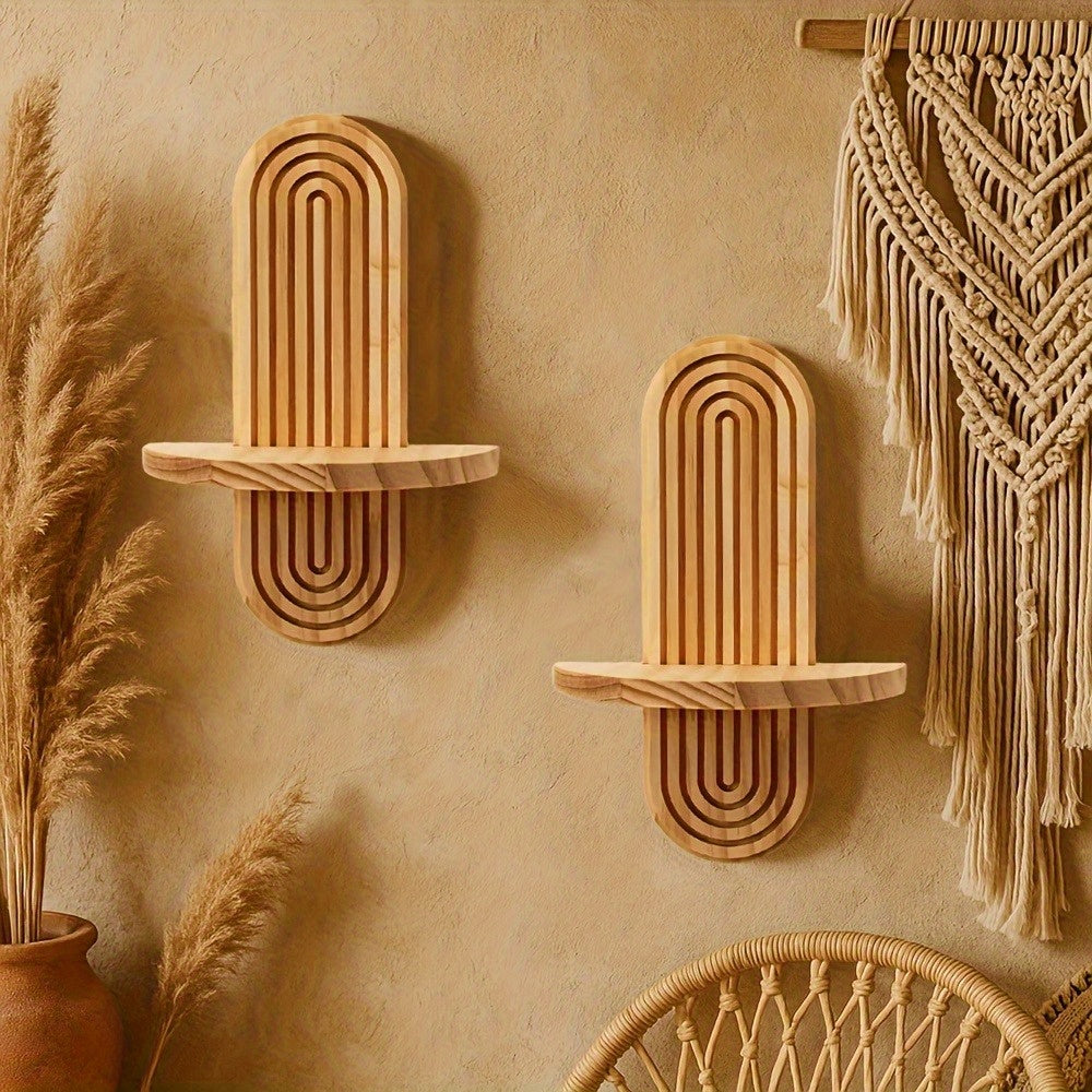 Minimalist Scandinavian Style - Bohemian Wooden Wall Shelves 2pcs - Floating Shelves with Natural Wood Finish - Space-Saving Storage Rack for Bathroom, Living Room