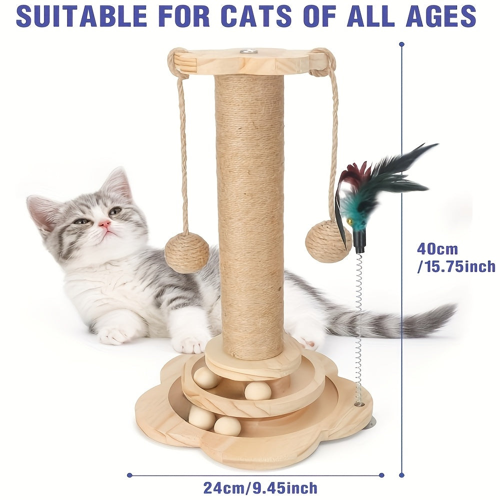 This Is a Multifunctional Wooden Scratching Post for Indoor for cats, Featuring a Tall Design, a Two-Level Track Ball, an Interactive Feather Toy, And Hanging Balls. It'S Durable And Mess-Free, Making It Ideal for Both Kitten