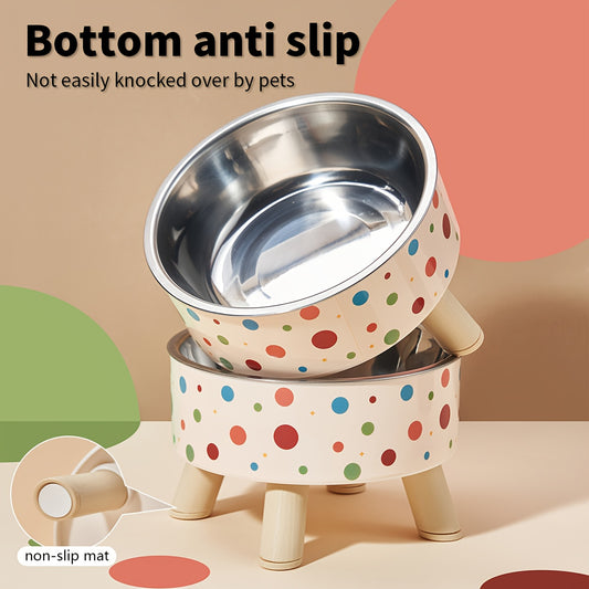 A Set of Two Vibrant Polka Dot Pet Dishes, Fashionable And Chic, Featuring Elevated Neck Support for Cats, Suitable for Feeding, And Collapsible Bowls for Dogs