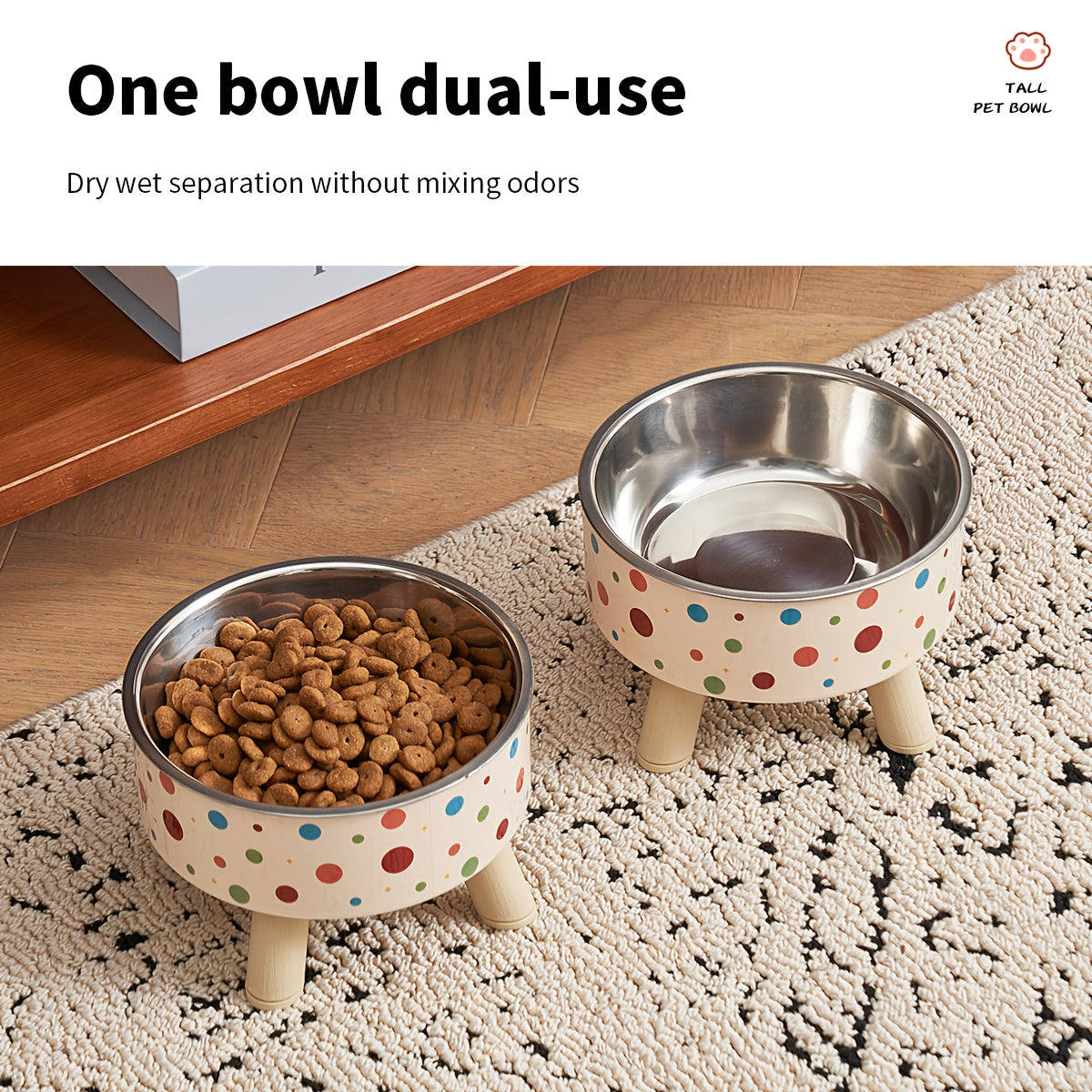 A Set of Two Vibrant Polka Dot Pet Dishes, Fashionable And Chic, Featuring Elevated Neck Support for Cats, Suitable for Feeding, And Collapsible Bowls for Dogs