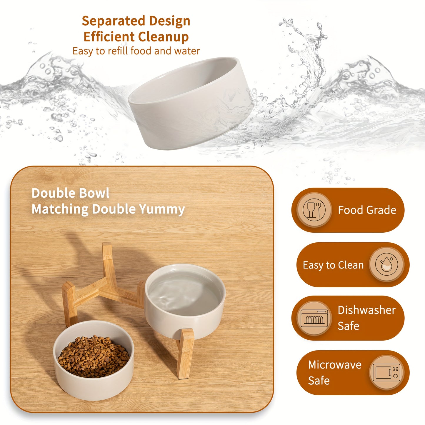 Elevated Ceramic Dog Bowl Set - Double Dog Feeding Bowls - Raised Feeding Bowls with Non-Slip Bamboo Stand - 28.74oz Suitable for Small And Medium Dogs - 16.23oz Ideal for Cats And Puppies, Food Bowls for Dogs, Slow Feeder Do
