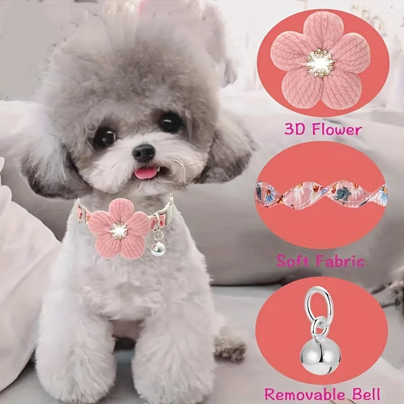 Floral Dog Collar with 3D Flower Charm and Detachable Bells - Suitable for Small Dogs and Cats, Soft Adjustable Polyester Pet Collar with Pink-White Floral Pattern, Cute Pet Accessory