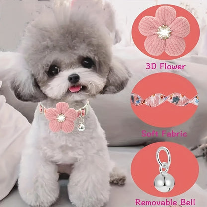 Floral Dog Collar with 3D Flower Charm and Detachable Bells - Suitable for Small Dogs and Cats, Soft Adjustable Polyester Pet Collar with Pink-White Floral Pattern, Cute Pet Accessory