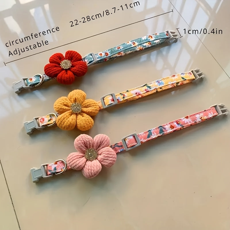 Floral Dog Collar with 3D Flower Charm and Detachable Bells - Suitable for Small Dogs and Cats, Soft Adjustable Polyester Pet Collar with Pink-White Floral Pattern, Cute Pet Accessory