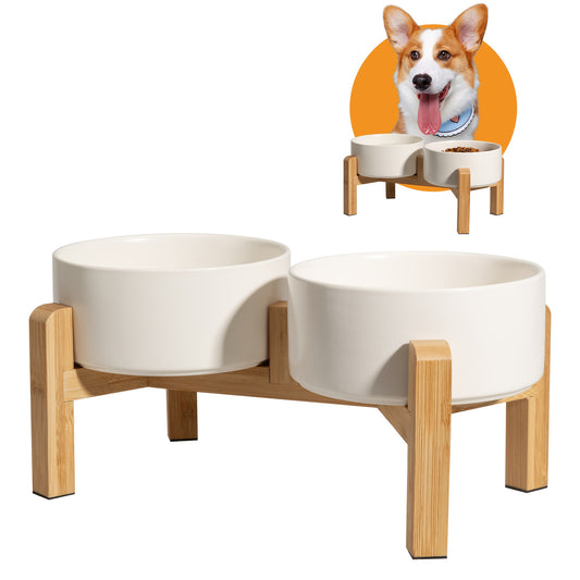 Elevated Ceramic Dog Bowl Set - Double Dog Feeding Bowls - Raised Feeding Bowls with Non-Slip Bamboo Stand - 28.74oz Suitable for Small And Medium Dogs - 16.23oz Ideal for Cats And Puppies, Food Bowls for Dogs, Slow Feeder Do