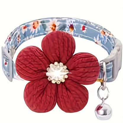 Floral Dog Collar with 3D Flower Charm and Detachable Bells - Suitable for Small Dogs and Cats, Soft Adjustable Polyester Pet Collar with Pink-White Floral Pattern, Cute Pet Accessory