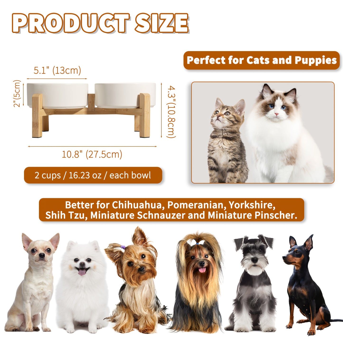 Elevated Ceramic Dog Bowl Set - Double Dog Feeding Bowls - Raised Feeding Bowls with Non-Slip Bamboo Stand - 28.74oz Suitable for Small And Medium Dogs - 16.23oz Ideal for Cats And Puppies, Food Bowls for Dogs, Slow Feeder Do