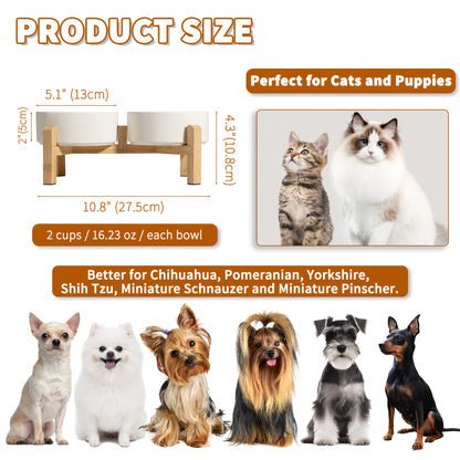 Elevated Ceramic Dog Bowl Set - Double Dog Feeding Bowls - Raised Feeding Bowls with Non-Slip Bamboo Stand - 28.74oz Suitable for Small And Medium Dogs - 16.23oz Ideal for Cats And Puppies, Food Bowls for Dogs, Slow Feeder Do