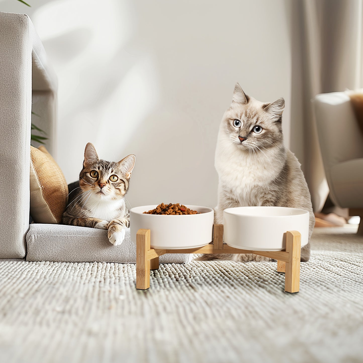 Elevated Ceramic Dog Bowl Set - Double Dog Feeding Bowls - Raised Feeding Bowls with Non-Slip Bamboo Stand - 28.74oz Suitable for Small And Medium Dogs - 16.23oz Ideal for Cats And Puppies, Food Bowls for Dogs, Slow Feeder Do