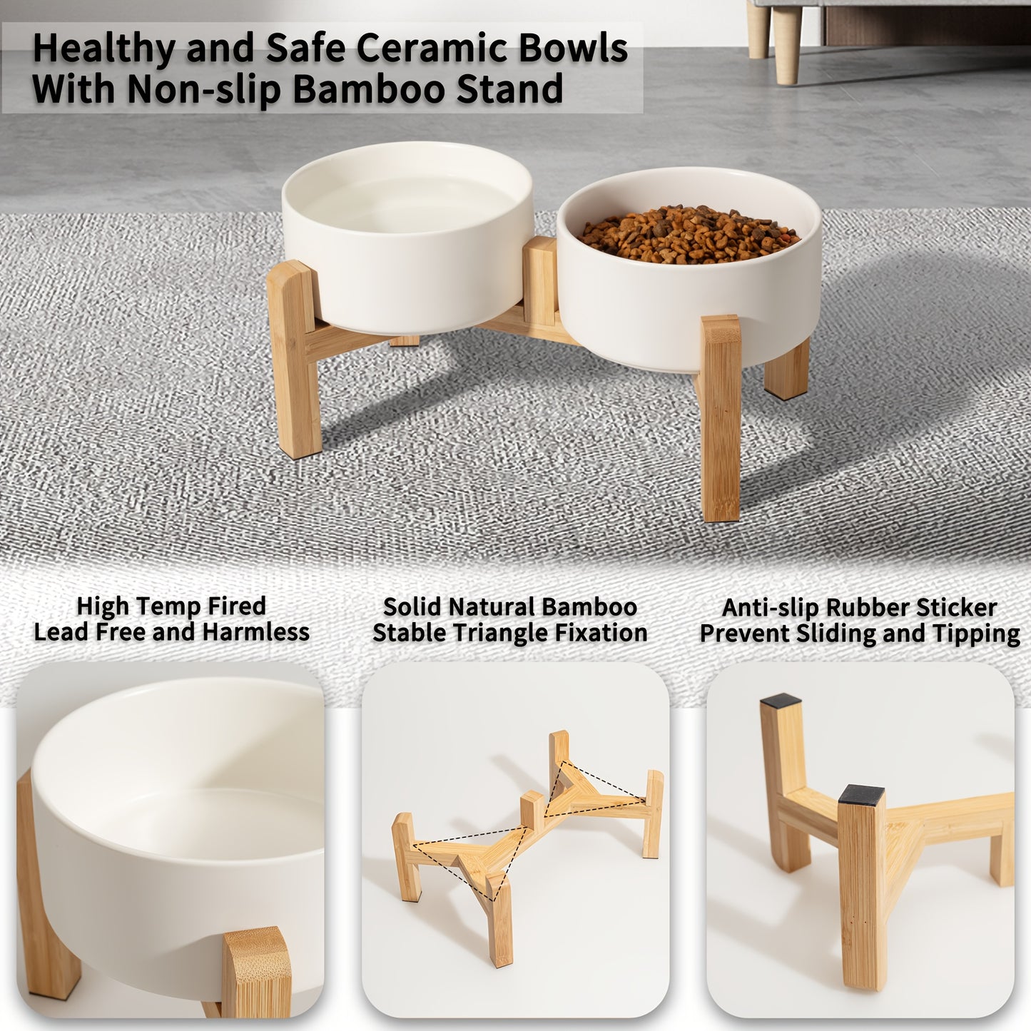 Elevated Ceramic Dog Bowl Set - Double Dog Feeding Bowls - Raised Feeding Bowls with Non-Slip Bamboo Stand - 28.74oz Suitable for Small And Medium Dogs - 16.23oz Ideal for Cats And Puppies, Food Bowls for Dogs, Slow Feeder Do