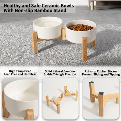 Elevated Ceramic Dog Bowl Set - Double Dog Feeding Bowls - Raised Feeding Bowls with Non-Slip Bamboo Stand - 28.74oz Suitable for Small And Medium Dogs - 16.23oz Ideal for Cats And Puppies, Food Bowls for Dogs, Slow Feeder Do