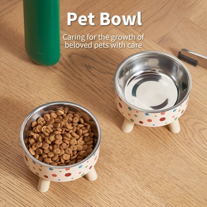 A Set of Two Vibrant Polka Dot Pet Dishes, Fashionable And Chic, Featuring Elevated Neck Support for Cats, Suitable for Feeding, And Collapsible Bowls for Dogs