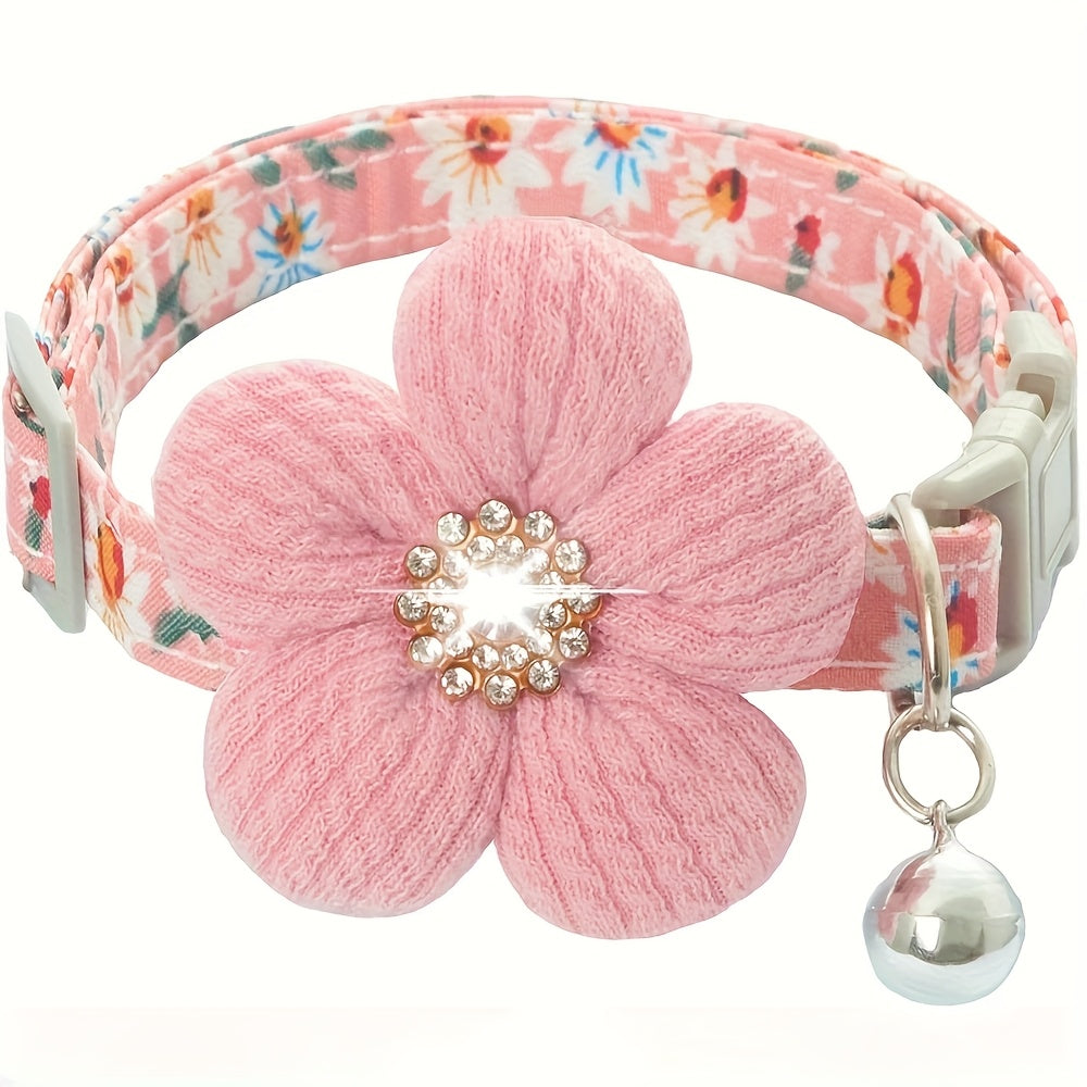 Floral Dog Collar with 3D Flower Charm and Detachable Bells - Suitable for Small Dogs and Cats, Soft Adjustable Polyester Pet Collar with Pink-White Floral Pattern, Cute Pet Accessory
