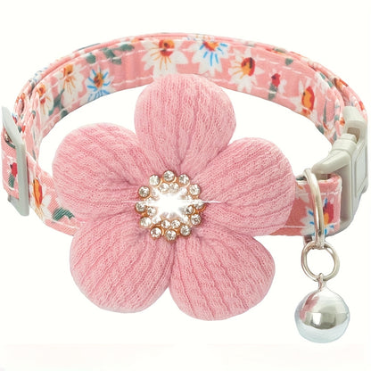 Floral Dog Collar with 3D Flower Charm and Detachable Bells - Suitable for Small Dogs and Cats, Soft Adjustable Polyester Pet Collar with Pink-White Floral Pattern, Cute Pet Accessory