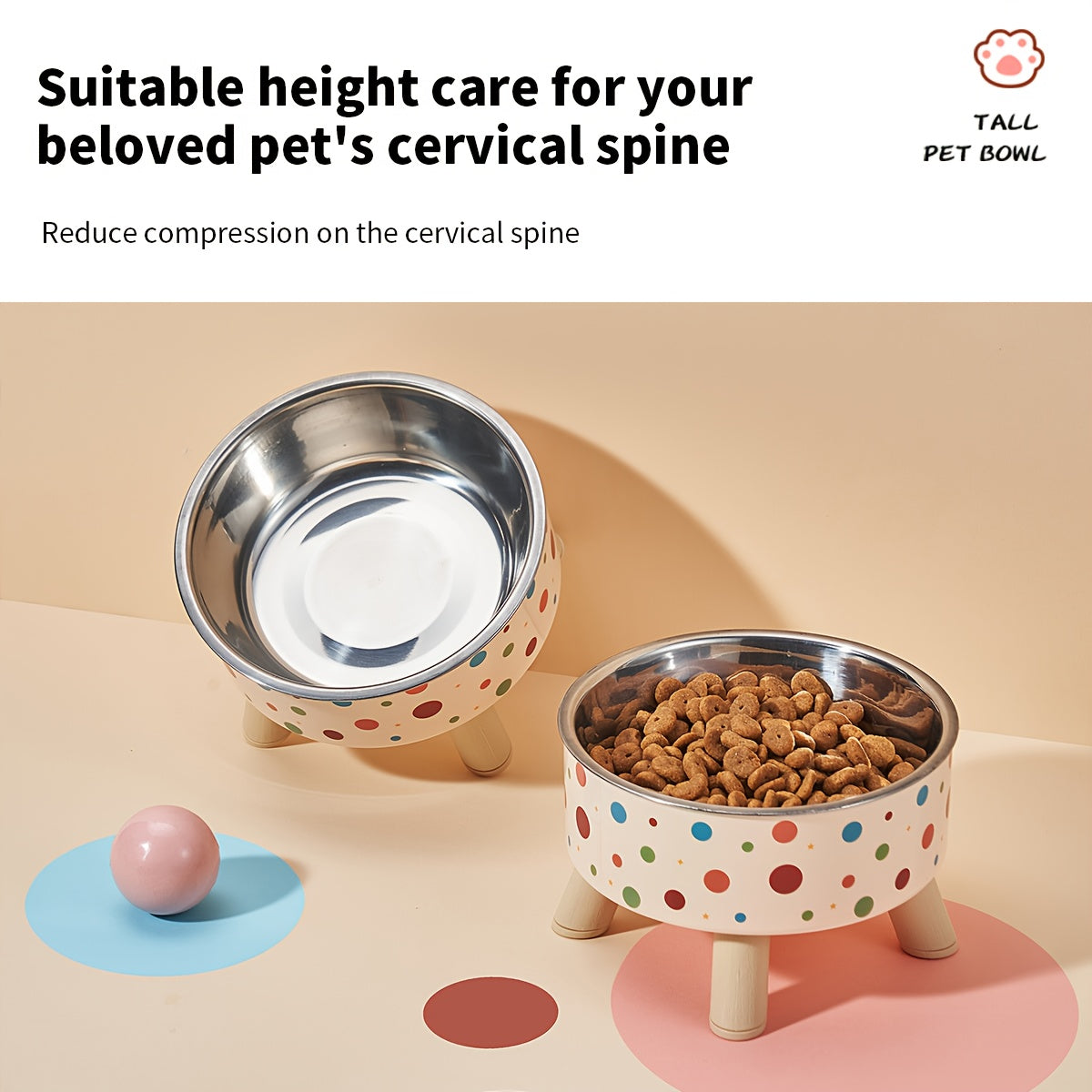 A Set of Two Vibrant Polka Dot Pet Dishes, Fashionable And Chic, Featuring Elevated Neck Support for Cats, Suitable for Feeding, And Collapsible Bowls for Dogs