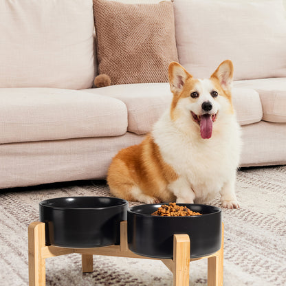 Elevated Ceramic Dog Bowl Set - Double Dog Feeding Bowls - Raised Feeding Bowls with Non-Slip Bamboo Stand - 28.74oz Suitable for Small And Medium Dogs - 16.23oz Ideal for Cats And Puppies, Food Bowls for Dogs, Slow Feeder Do