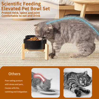 Elevated Ceramic Dog Bowl Set - Double Dog Feeding Bowls - Raised Feeding Bowls with Non-Slip Bamboo Stand - 28.74oz Suitable for Small And Medium Dogs - 16.23oz Ideal for Cats And Puppies, Food Bowls for Dogs, Slow Feeder Do