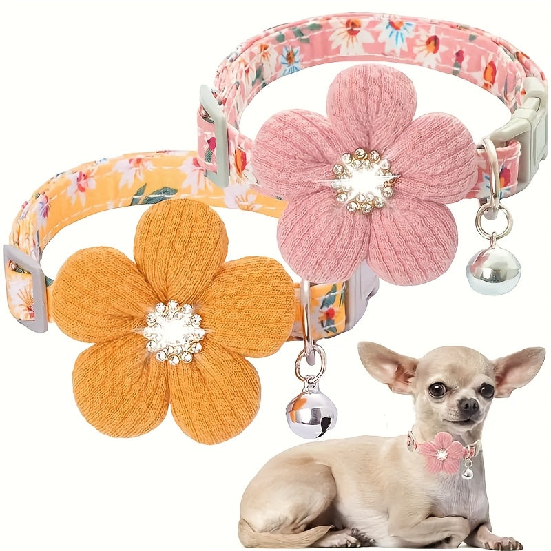 Floral Dog Collar with 3D Flower Charm and Detachable Bells - Suitable for Small Dogs and Cats, Soft Adjustable Polyester Pet Collar with Pink-White Floral Pattern, Cute Pet Accessory