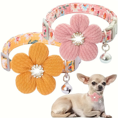 Floral Dog Collar with 3D Flower Charm and Detachable Bells - Suitable for Small Dogs and Cats, Soft Adjustable Polyester Pet Collar with Pink-White Floral Pattern, Cute Pet Accessory