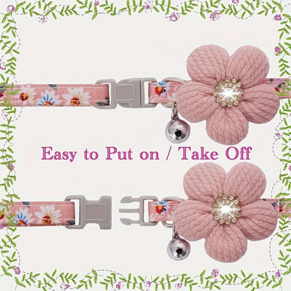 Floral Dog Collar with 3D Flower Charm and Detachable Bells - Suitable for Small Dogs and Cats, Soft Adjustable Polyester Pet Collar with Pink-White Floral Pattern, Cute Pet Accessory
